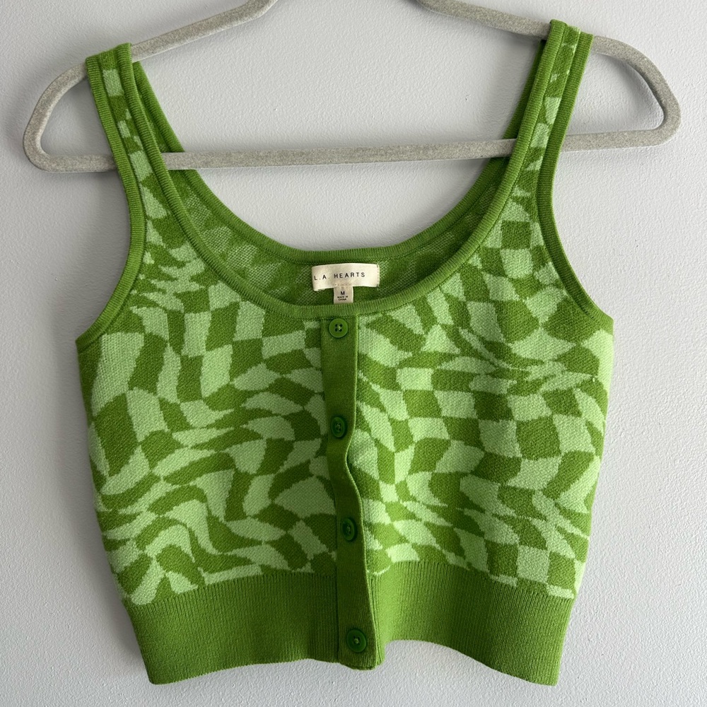 La Hearts Cropped Green Geometric Knit Top